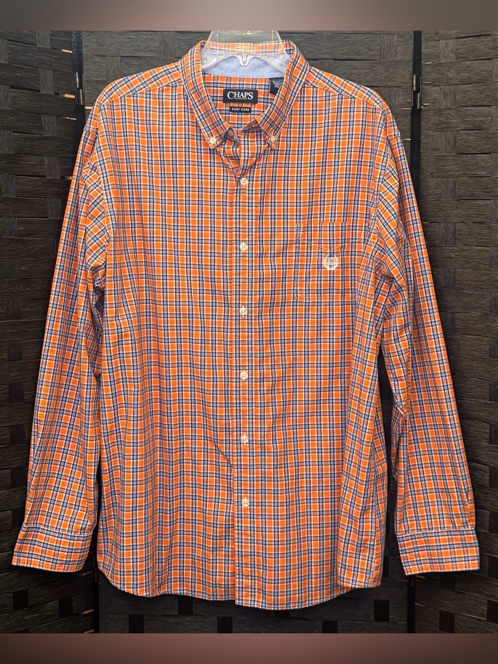 Chaps easy care Men's Plaid Orange and Navy Blue Long Sleeve Button-Down Shirt